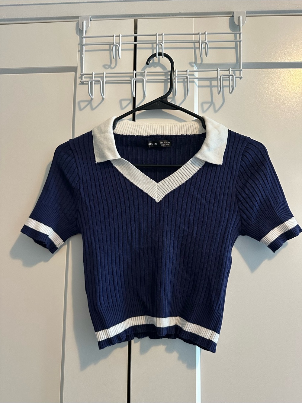 SHEIN Navy Ribbed Polo-Style Crop Top with White Trim